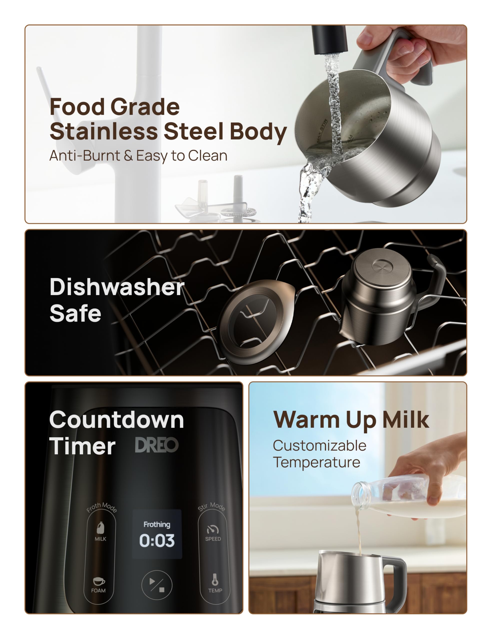 Dreo All-in-1 BaristaMaker Electric Milk Frother & Warmer - 15oz/450ml Automatic Coffee Frother for Latte Art, Cappuccino & Hot Chocolate - Works with Dairy & Plant-Based Milk - Dishwasher Safe - Perfect for Home Baristas & Coffee Lovers
