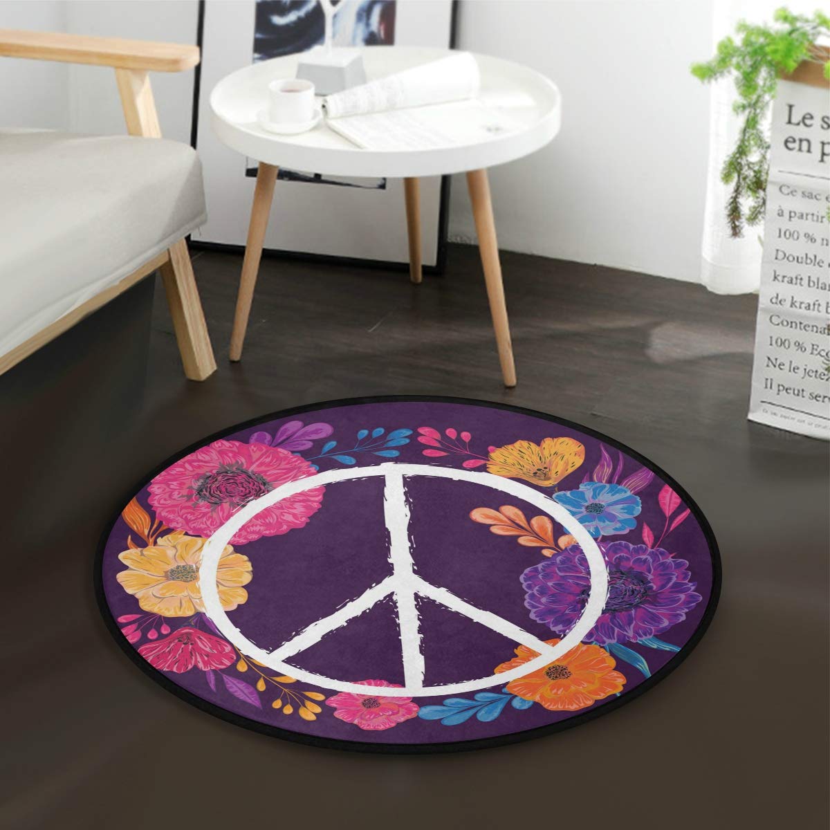 ALAZA Peace Sign Flower Purple Floral Round Area Rug - 3' Diameter (92 cm) Soft Non-Slip Floor Mat for Living Room, Bedroom, Dorm | Boho Chic Home Decor for Teens Room, Yoga Space & Meditation Corner