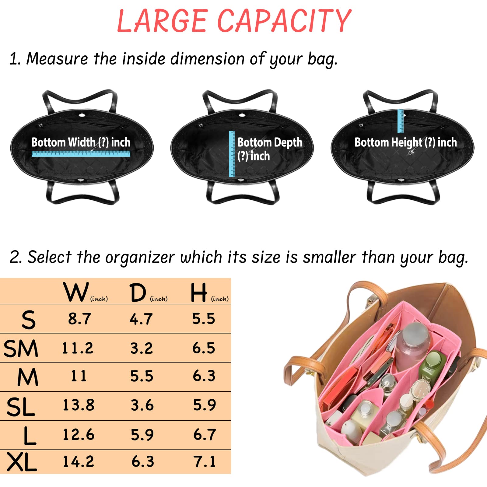 Felt Purse Organizer Insert with 14 Pockets - Small Pink Handbag Organizer for Tote Bags | Perfect for Travel, Work & Daily Essentials Organization