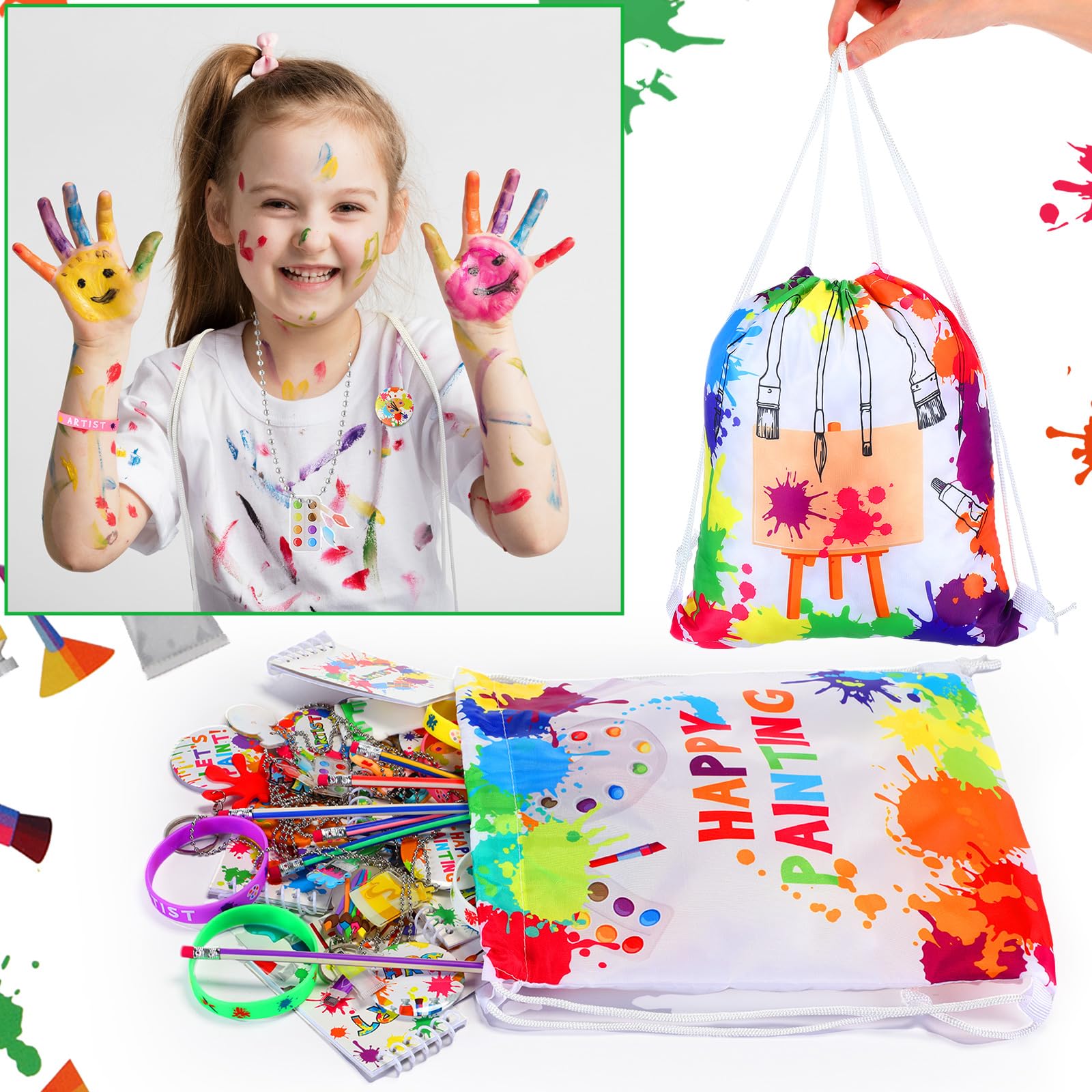 Jenaai 102 Pcs Art Paint Party Favor Supplies Kit - 12 Drawstring Backpacks, 12 Silicone Bracelets, 12 Badges, 12 Keychains, 18 Spiral Notepads, 12 Bendable Pencils, 12 Stickers & 12 Necklaces - Perfect for Kids Birthday Parties, School Events & DIY Craft Activities