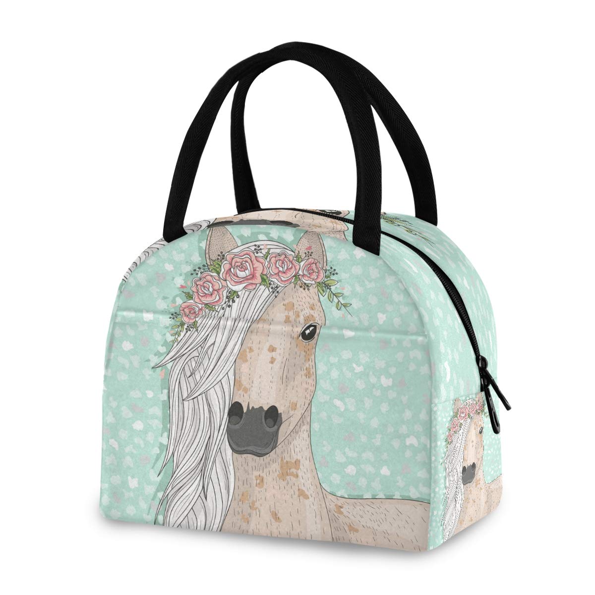 Insulated Lunch Bag for Women - Flower Horse Design Cooler Tote Bag for Work, School & Picnics | Leakproof & Thermal Insulation Lunch Box for Office, Travel & Outdoor Activities