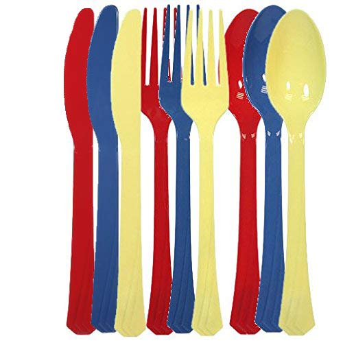 Tiger Chef 144-Pack Heavy Duty Plastic Cutlery Set - 48 Forks, 48 Teaspoons, 48 Knives in Yellow, Red & Blue | Durable Disposable Silverware for Parties, Picnics, BBQs & Catering Events