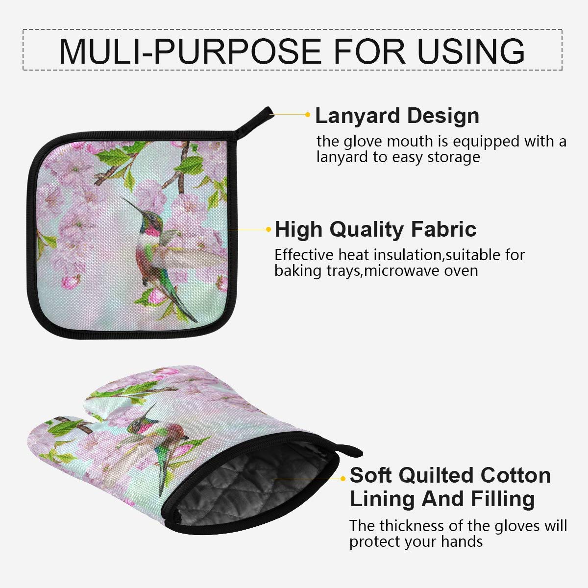 Spring Hummingbird Floral Oven Mitts & Pot Holders Set - 2pcs Heat Resistant Kitchen Gloves with Non-Slip Grip for Baking, Cooking, BBQ - Pink Summer Bird Flower Design for Home Decor & Kitchen Safety