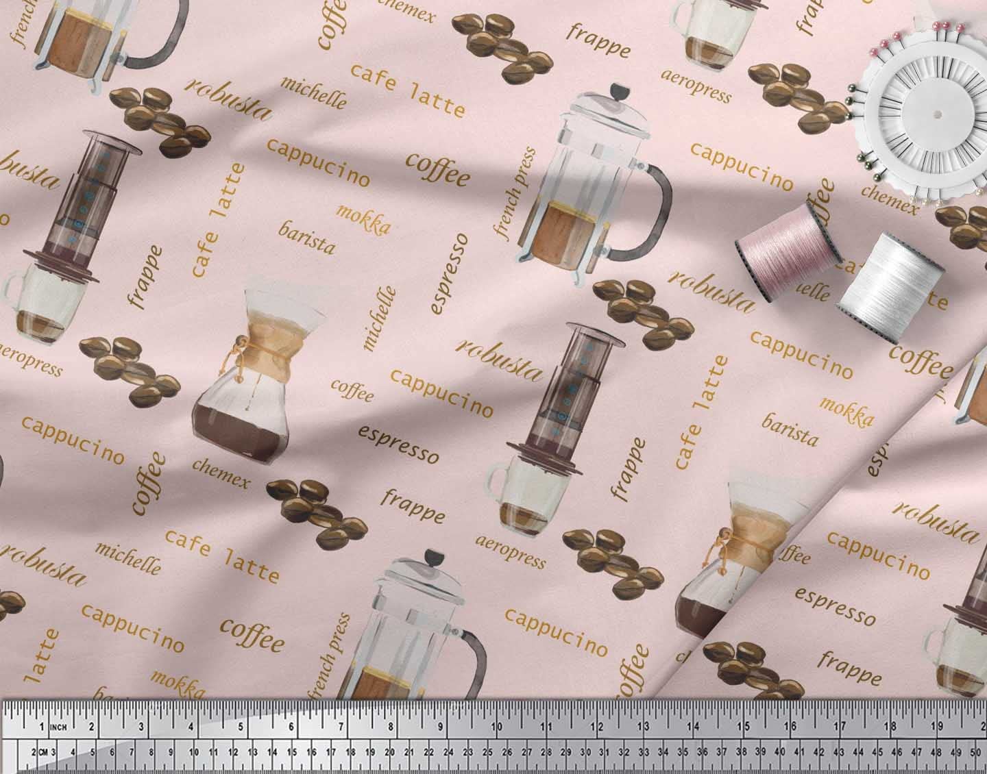 Soimoi 100% Cotton Voile Fabric - Pink Printed Material by The Yard, 56 Inch Wide - Perfect for DIY Dresses, Curtains & Home Decor - Caffeine Lovers Coffee-Themed Textile for Kitchen Accessories & Craft Projects