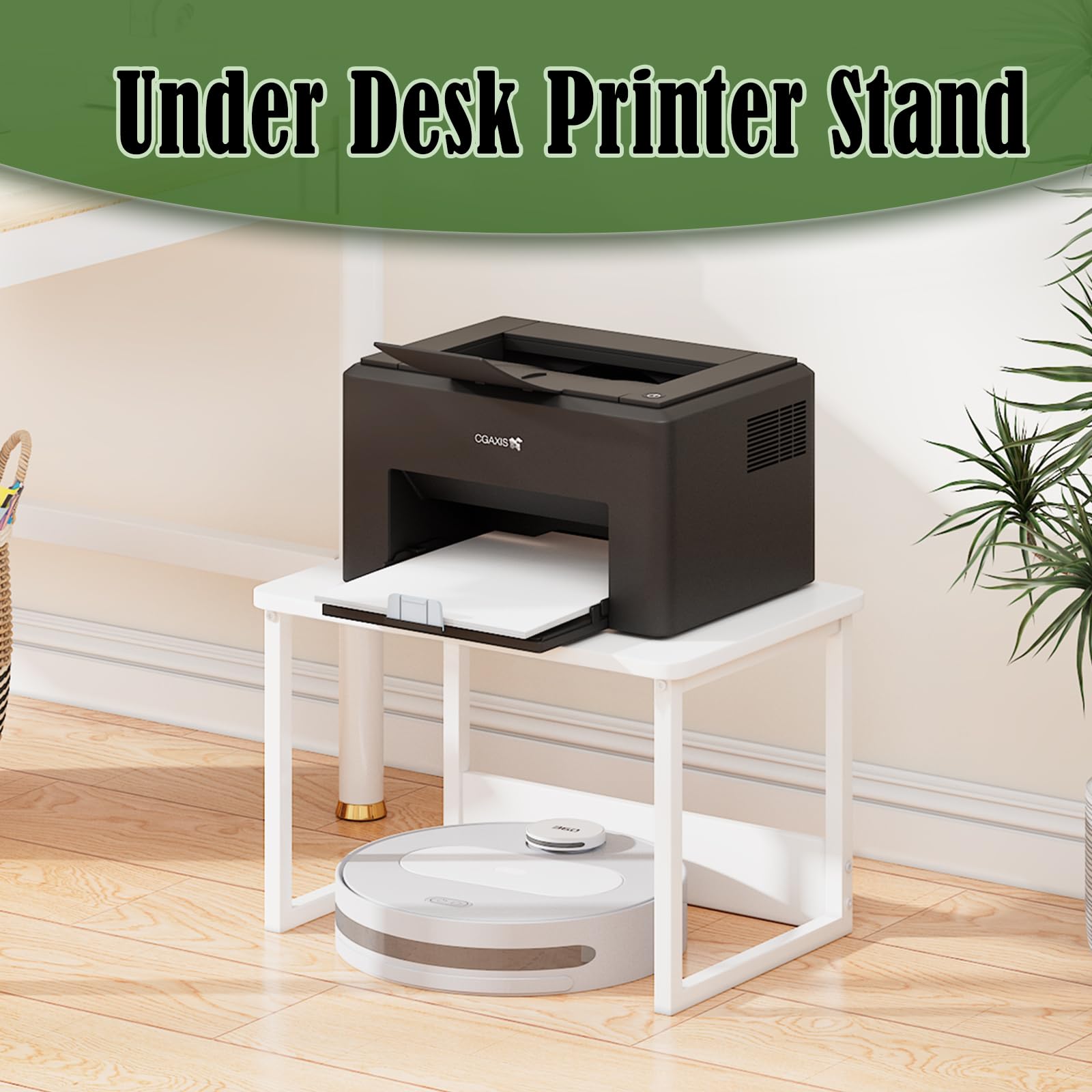 Heavy Duty White Printer Stand with Storage Shelf - Under Desk Organizer for Home & Office - Compatible with Fax Machine, Copier, Scanner - Perfect Workspace Solution for Small Spaces & Clutter-Free Desks