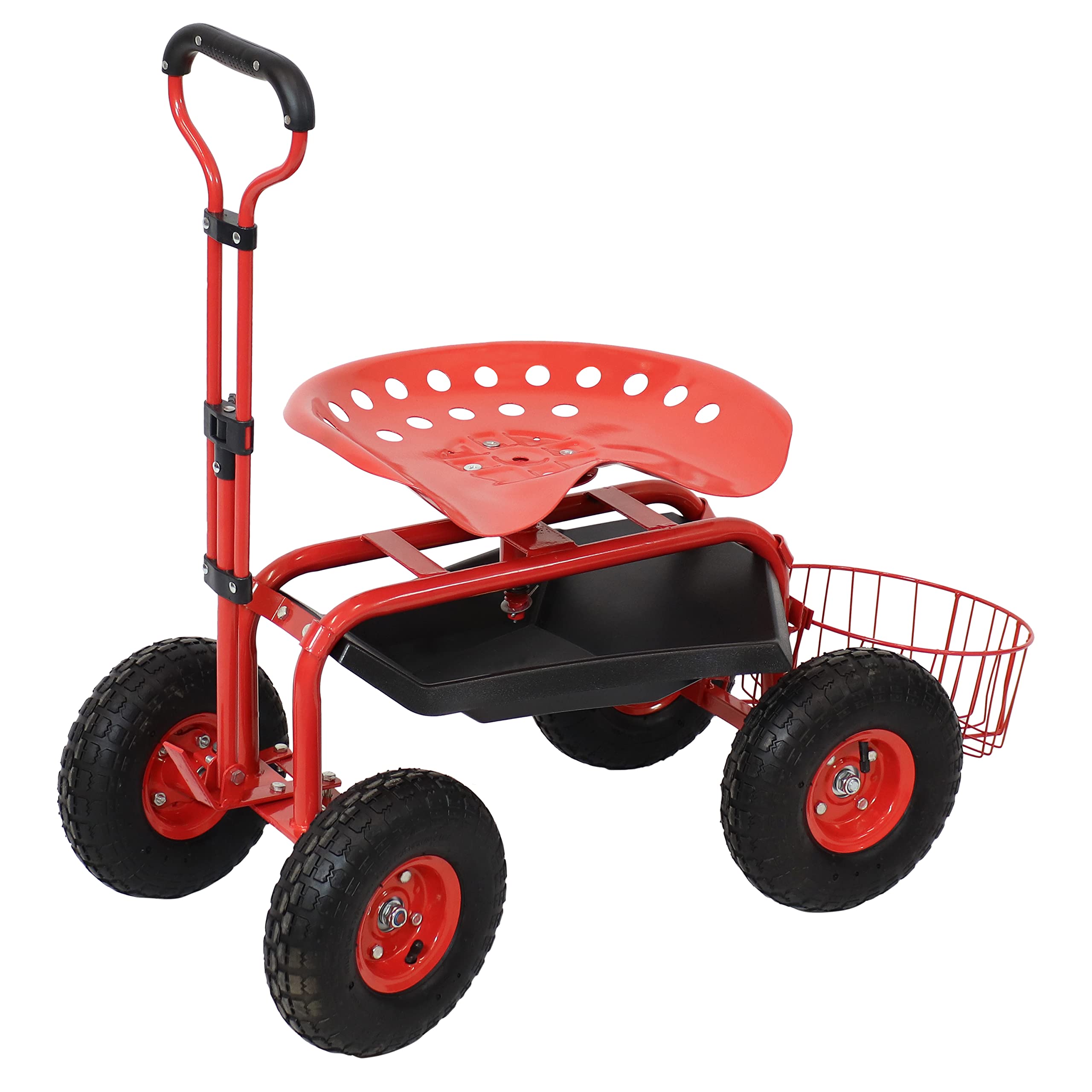 Sunnydaze Rolling Garden Stool with Wheels - Extendable Handle, Swivel Seat & Utility Tray - Red Outdoor Gardening Stool for Planting, Weeding & Yard Work