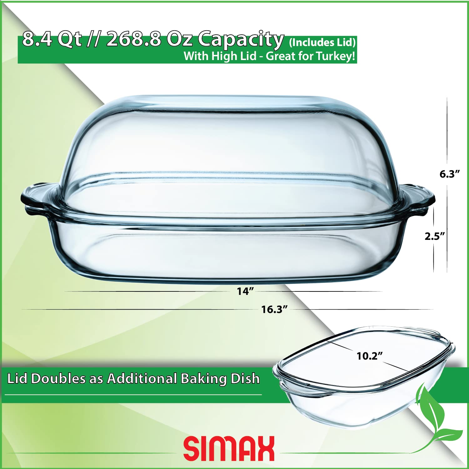 Simax 8 Quart Glass Casserole Dish with Lid - Borosilicate Bakeware Set for Oven, Microwave & Dishwasher - Perfect for Lasagna, Casseroles & Meal Prep (Oven Safe to 450°F)