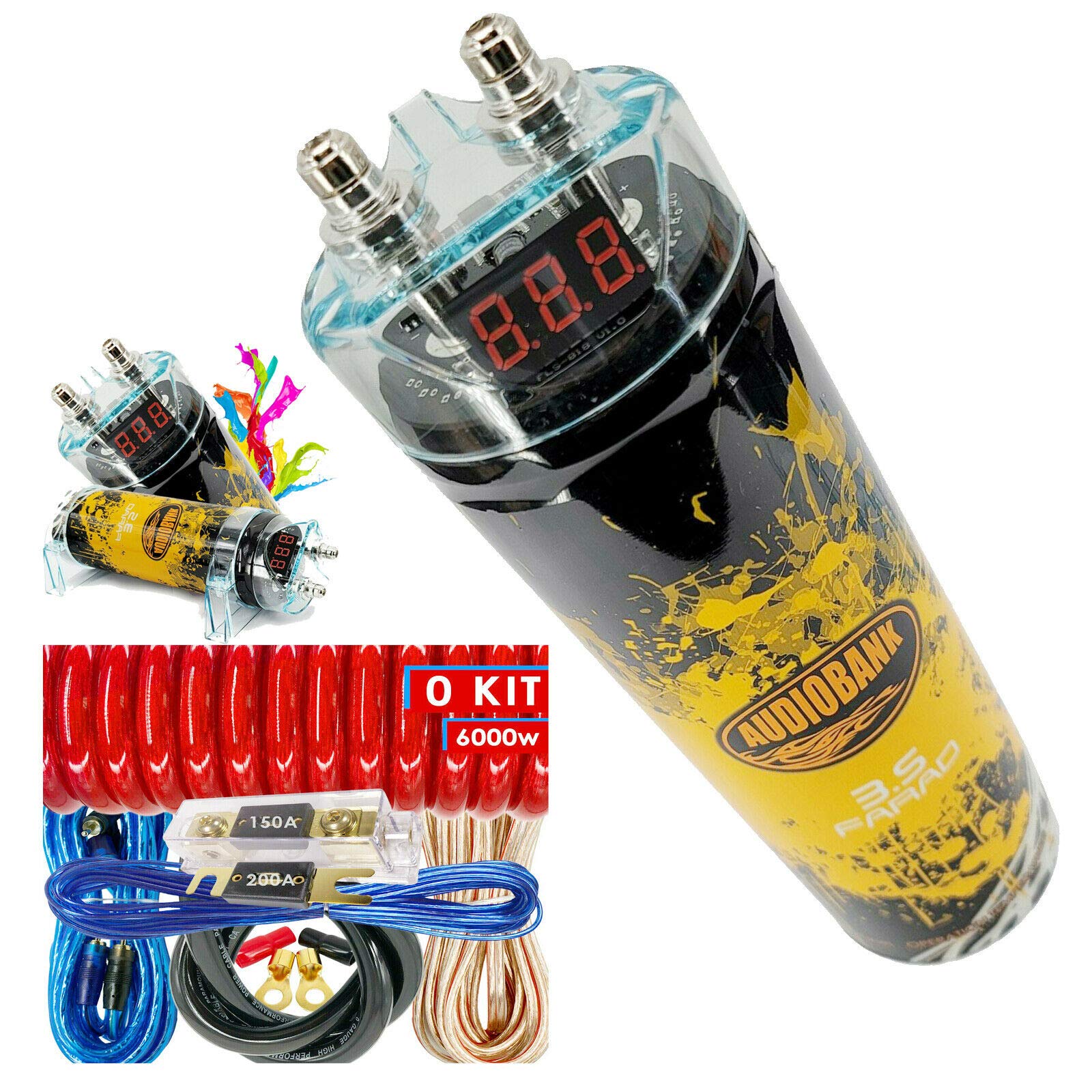 Audiobank 3.5 Farad Digital Capacitor for Car Audio System - 3500W Power, 12V Voltage with 3-Digit Display & 6000W 0 Gauge Amplifier Installation Kit - Perfect for Car Audio Upgrades and Bass Boost Systems
