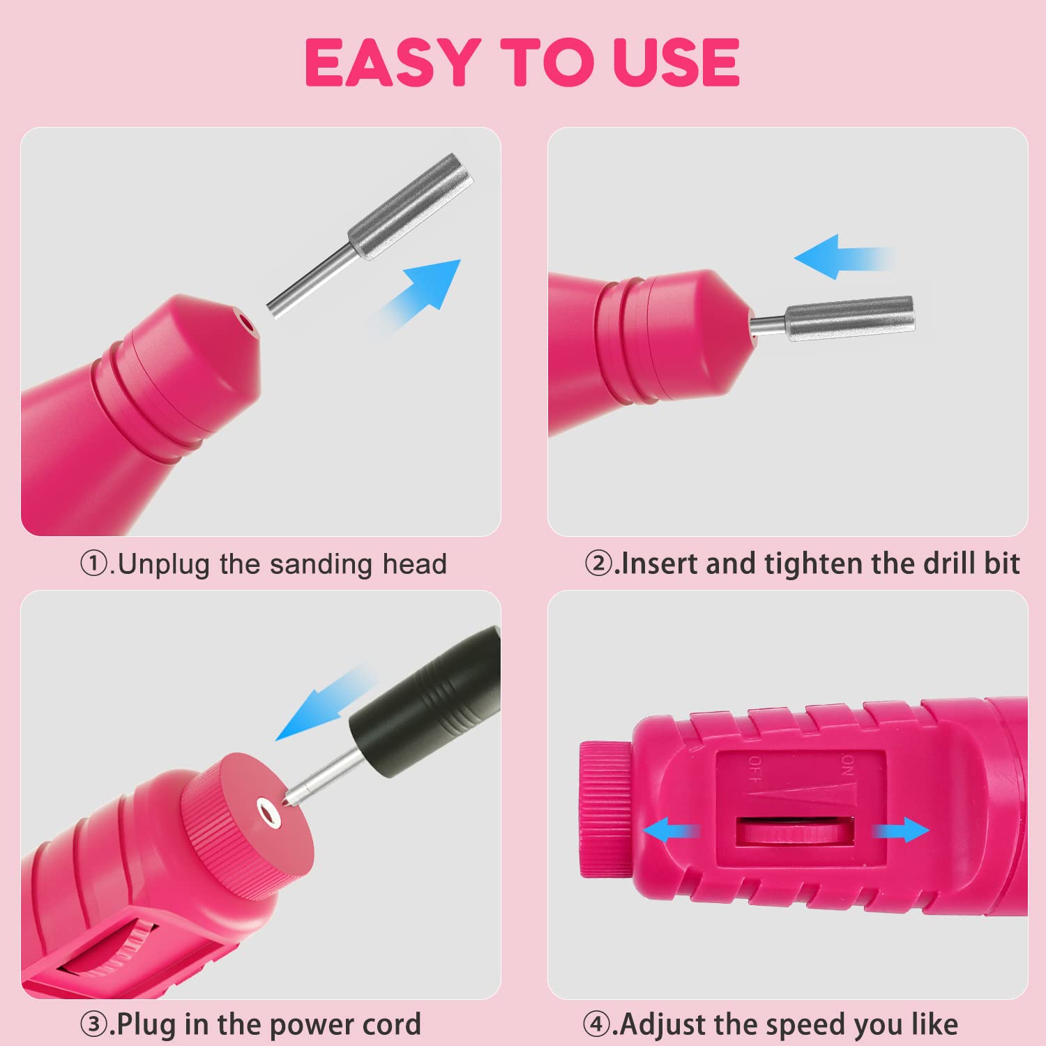 Professional USB Electric Nail Drill Machine Kit - Portable Manicure Pedicure Tool with 6Pcs Nail Drill Bits for Gel Nails, Acrylics & Nail Art (Rose) | Perfect for Home Salon, Nail Techs & DIY Beauty Care