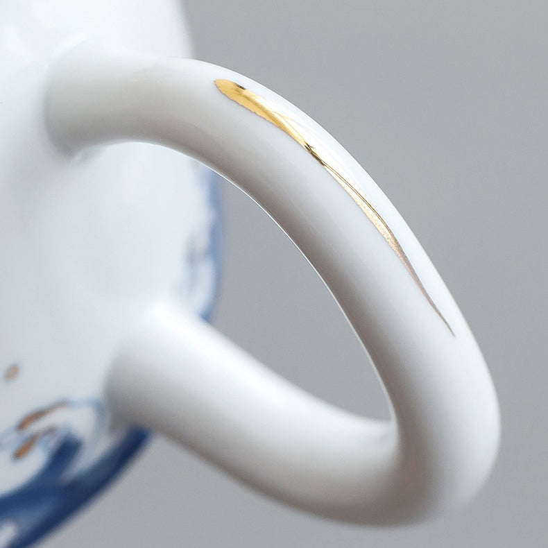 Premium Chinese Sea Wave Ceramic Teapot with 24K Gold Trim - Elegant Tea Brewing for Home, Office & Gift Giving