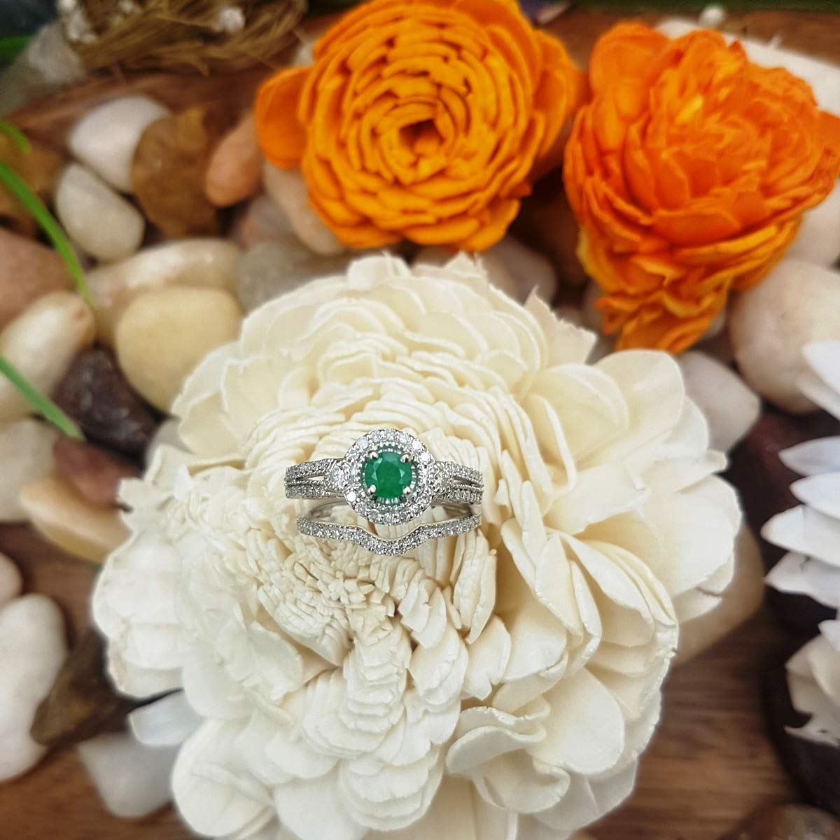 Dazzlingrock Collection 14K Solid White Gold Round Emerald & White Diamond Halo Bridal Engagement Ring Set for Women | Perfect for Proposals, Weddings & Anniversary Gifts