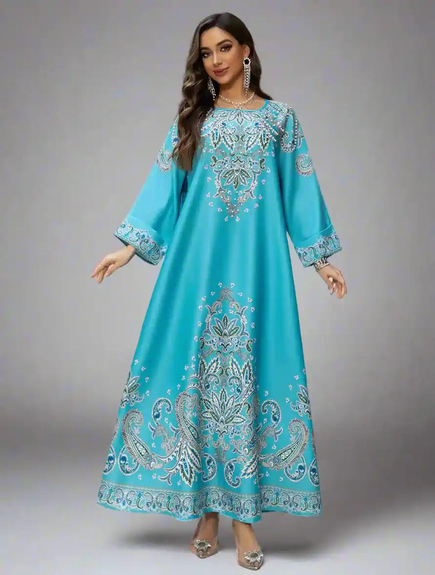 Elegant Hotfix Rhinestone Printed Caftan Kaftan Dress for Women - Eid Party Wear, Summer Beach Cover Up, Boho Maxi Dress #25425