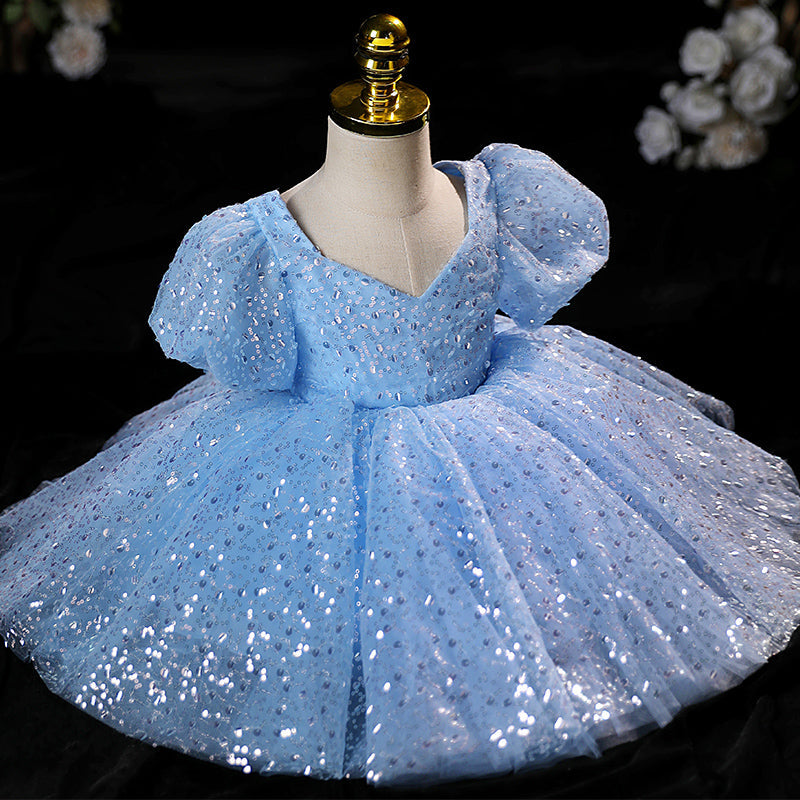 Sparkly Blue Sequin Flower Girl Dress with Puff Sleeves - A-Line Princess Style for Weddings, Pageants & Special Occasions