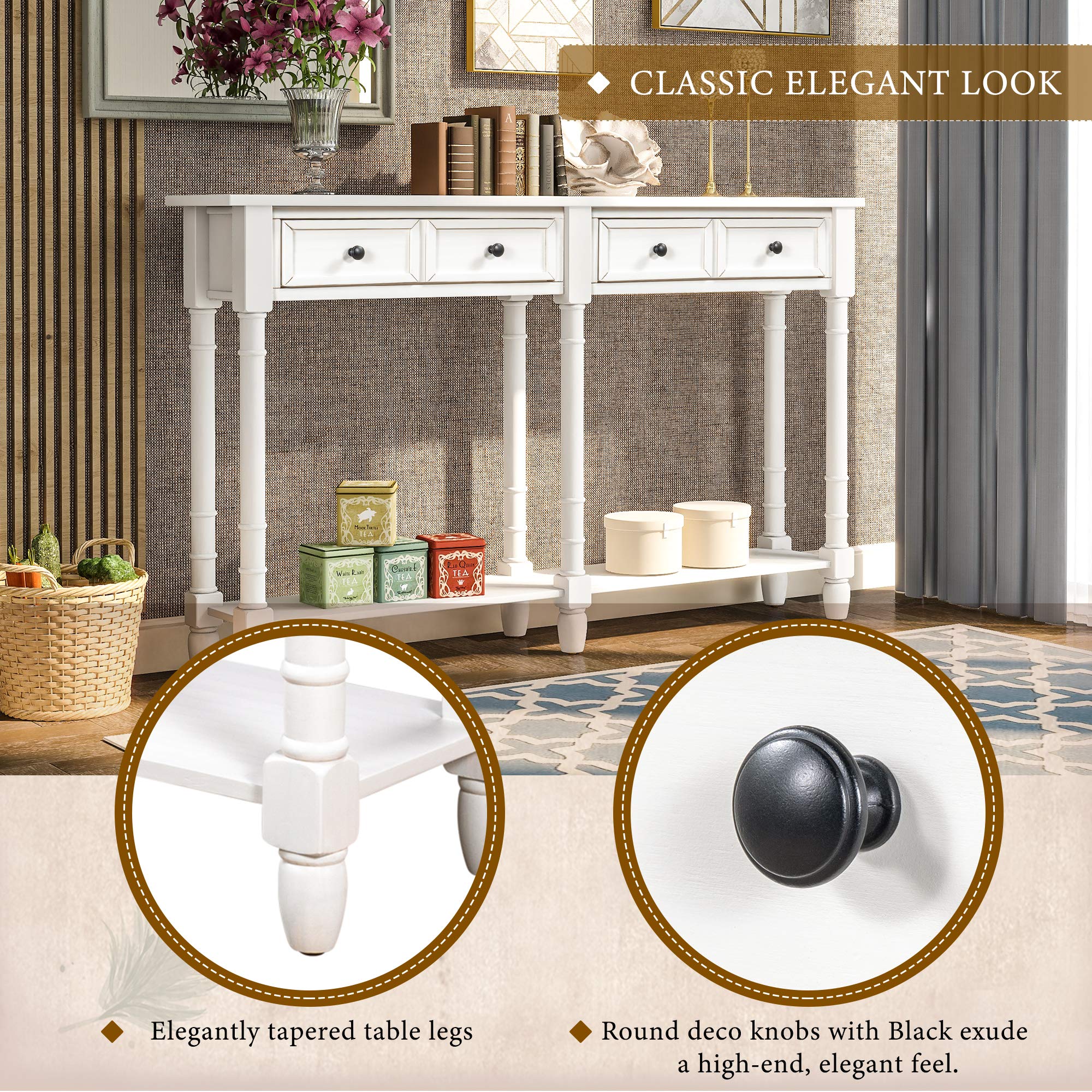 Rhomtree Solid Wood Legs Entryway Console Table with 2 Storage Drawers & Bottom Shelf - Rectangular Hallway Furniture in Ivory White - Perfect for Foyer, Living Room & Small Space Organization