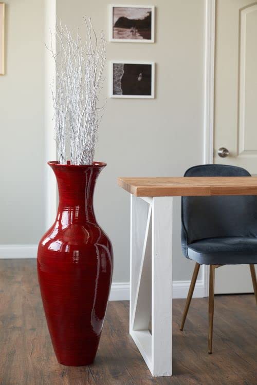 36-Inch Green Floral Classic Bamboo Floor Vase - Handmade Home Decor for Dried Flowers, Branches & Fillers | Elegant Dining Room & Living Room Centerpiece (Mahogany Red) | Perfect for Farmhouse, Boho & Modern Interior Design