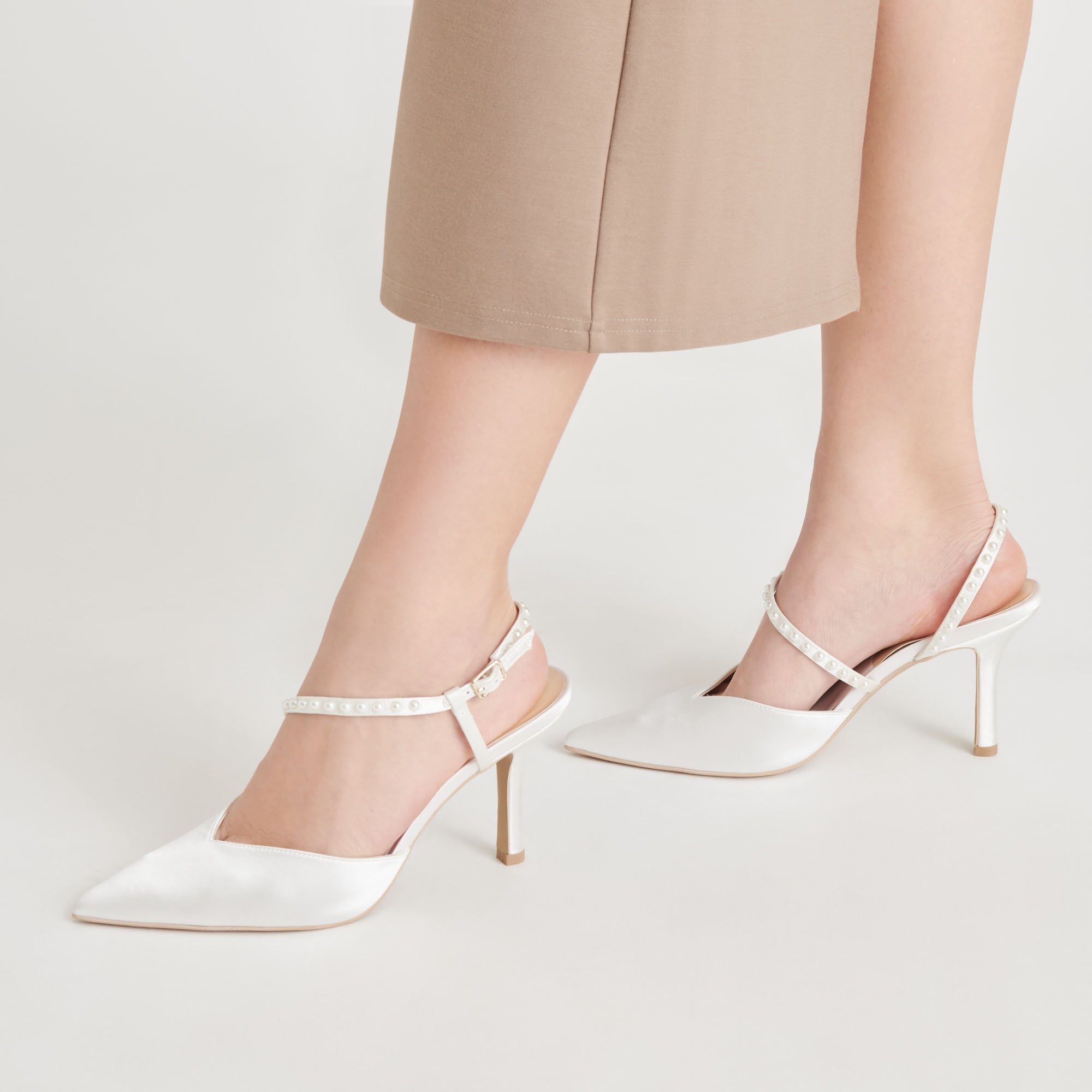 KAMRA Pearl Heels - Elegant True White Satin High Heels for Women | Perfect for Weddings, Prom & Evening Parties
