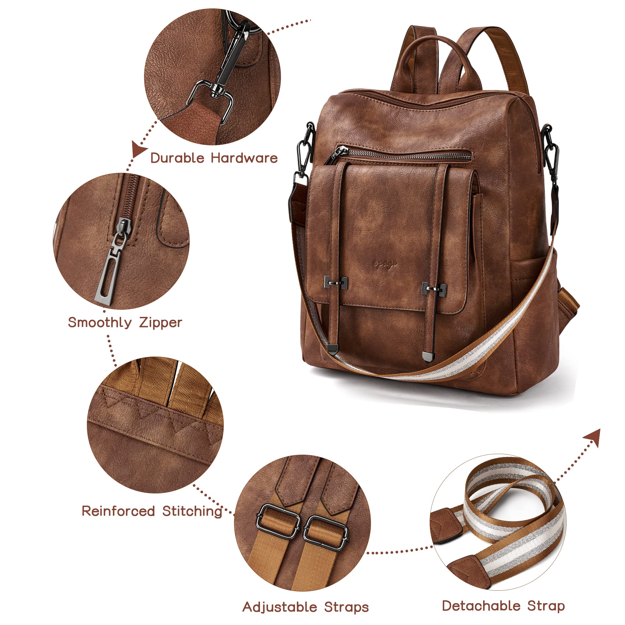 OPAGE Women's Leather Backpack Purse - Stylish Travel Backpack & Shoulder Bag with Wristlet Strap (14-inch Height) - Perfect for Work, College, Commuting & Weekend Getaways