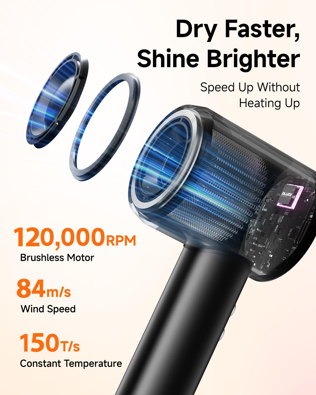 PLUZZ Professional Ionic Hair Dryer with Diffuser - 400M Negative Ions for Frizz-Free Curls, 120,000 RPM Brushless Motor for Fast Drying, Lightweight & Quiet Blow Dryer for Travel - Perfect for Home, Salon & On-the-Go Styling (Women & Men)