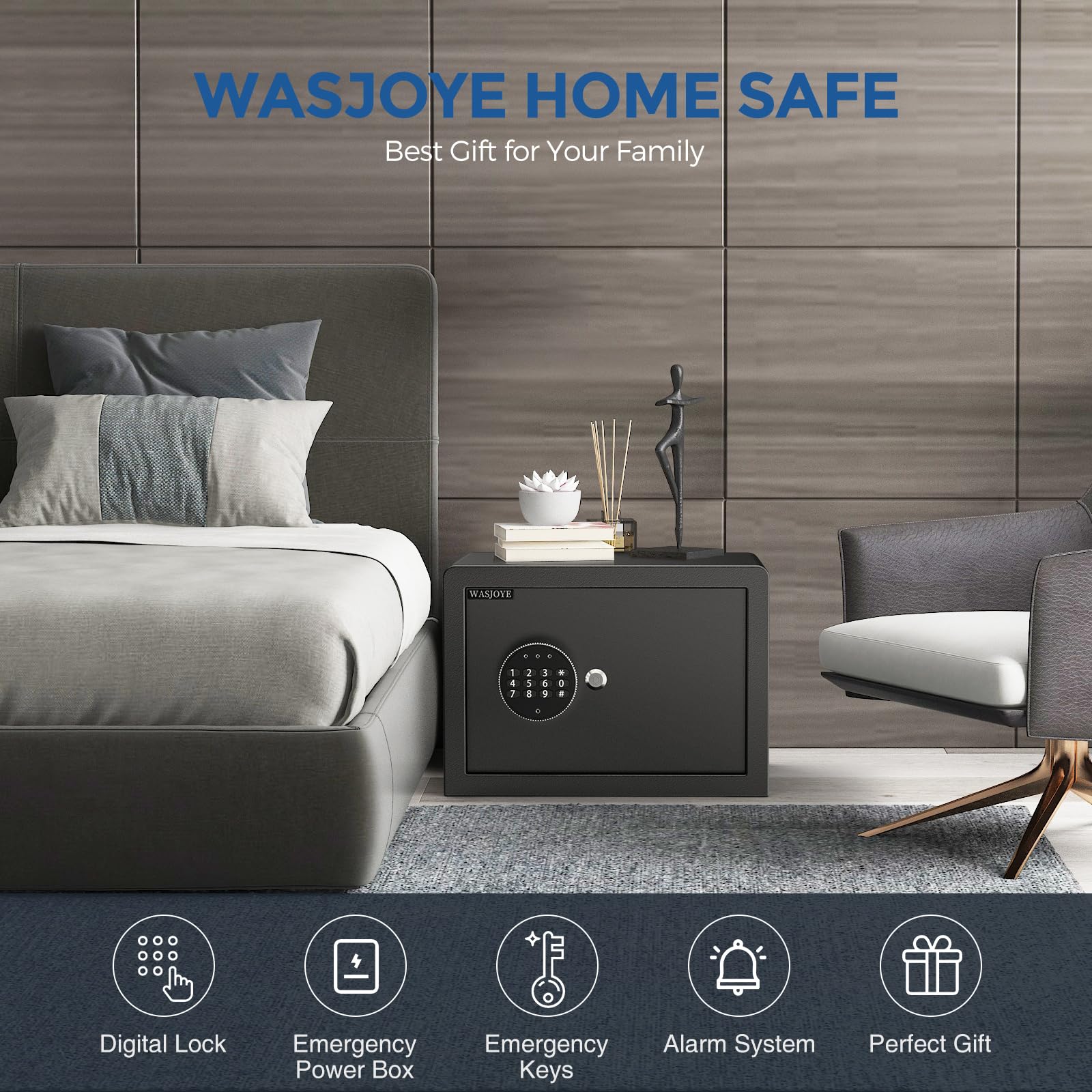 WASJOYE Digital Security Safe Box 1.5 Cubic Feet - Home & Office Safe with Keypad & Key Lock for Money, Jewelry, Passports & Documents - Perfect for Bedroom, Business, Hotel & Travel Storage