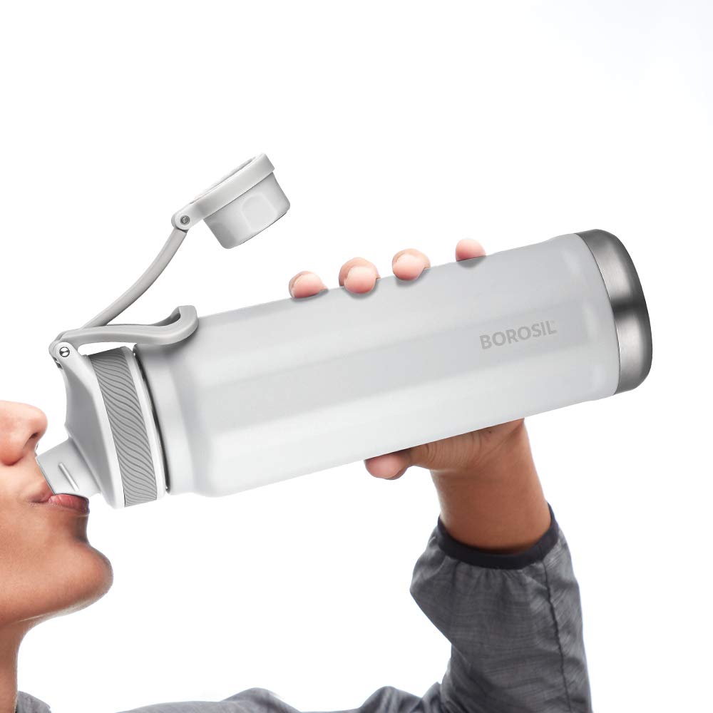 Borosil Stainless Steel Hydra SportSip - Vacuum Insulated Water Bottle 710ml Grey for Gym & Outdoor