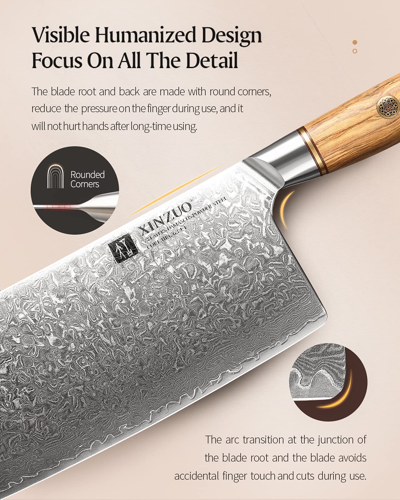 XINZUO 7.5 Inch Damascus Steel Chinese Chef Knife - 73 Layer High Carbon Powder Steel Core, Multi-Purpose Kitchen Cleaver for Meat & Vegetable Cutting with Olive Wood Handle - Perfect for Home Cooking, Professional Kitchens & BBQ Preparation