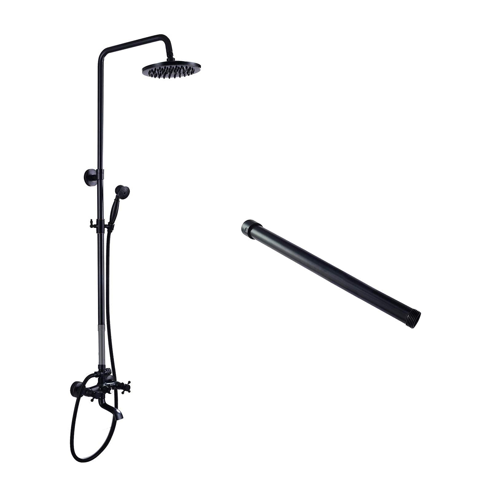 Oil Rubbed Bronze 3-Function 8-Inch Rainfall Showerhead with Wall Mount Tub Spout & 2 Cross Handles - Includes Matching 12-Inch Extension Pipe for Bathroom Renovation & Spa-Like Shower Experience