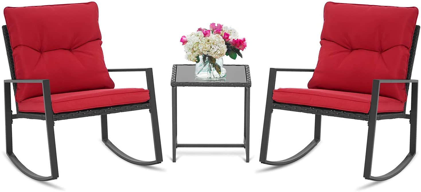 SUNCROWN 3-Piece Outdoor Rocking Chair Set - Patio Wicker Rattan Bistro Furniture with Cushions & Glass Coffee Table (Red) - Perfect for Garden, Backyard, Porch Relaxation & Conversation Areas