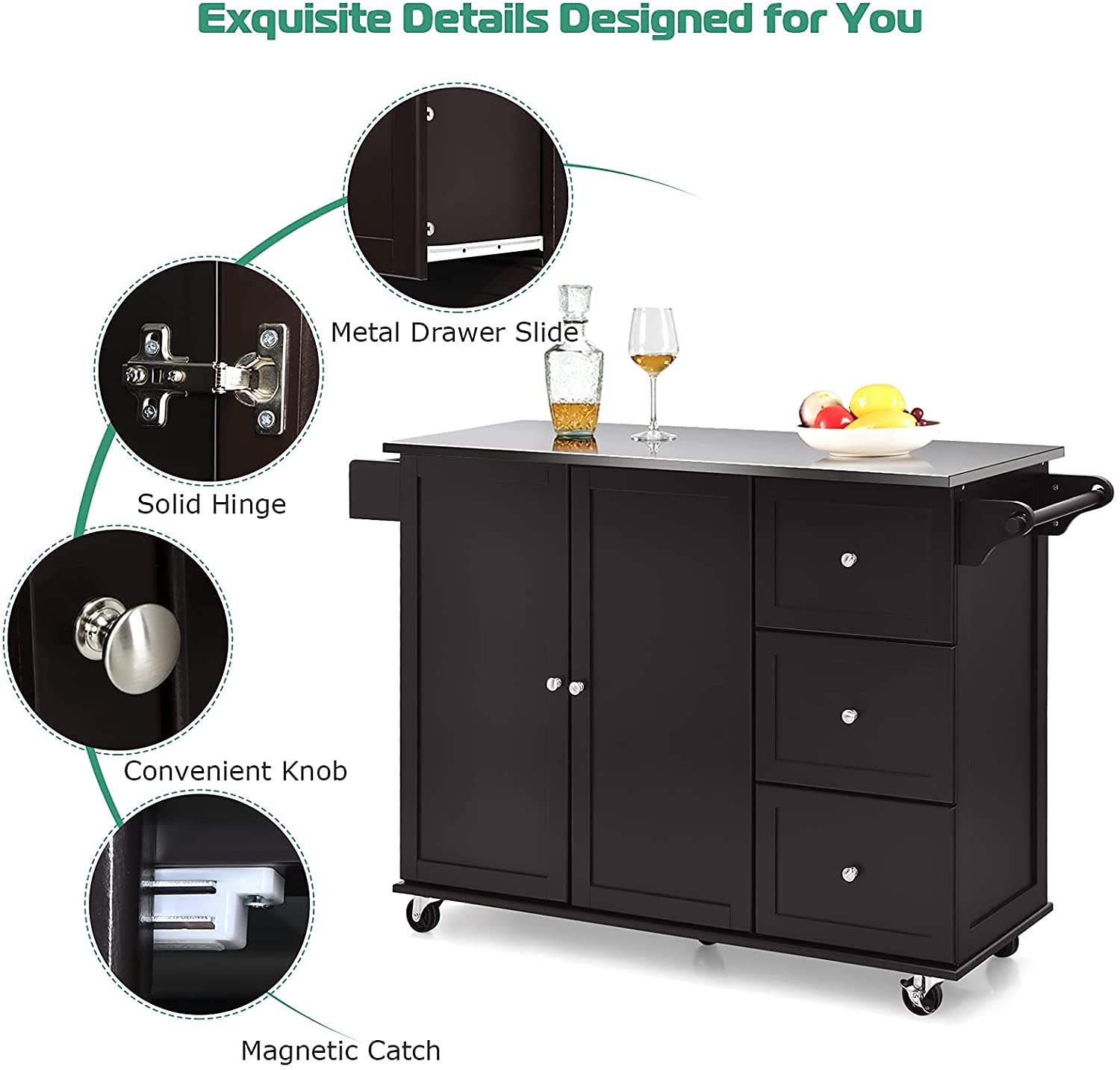 Premium Kitchen Cart with Stainless Steel Top & Storage - Mobile Kitchen Island on Wheels with Adjustable Shelf, 3 Drawers & Spice Rack - Perfect for Small Kitchens, Dining Rooms & Living Rooms - Ideal for Meal Prep, Extra Counter Space & Home Organization