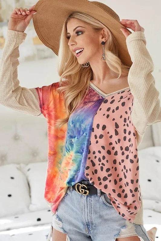 Bibi Print Block V Neck Top With Contrast Stitching In Blush | Flowy Casual Blouse for Women | Perfect for Office Wear, Date Nights & Summer Outfits