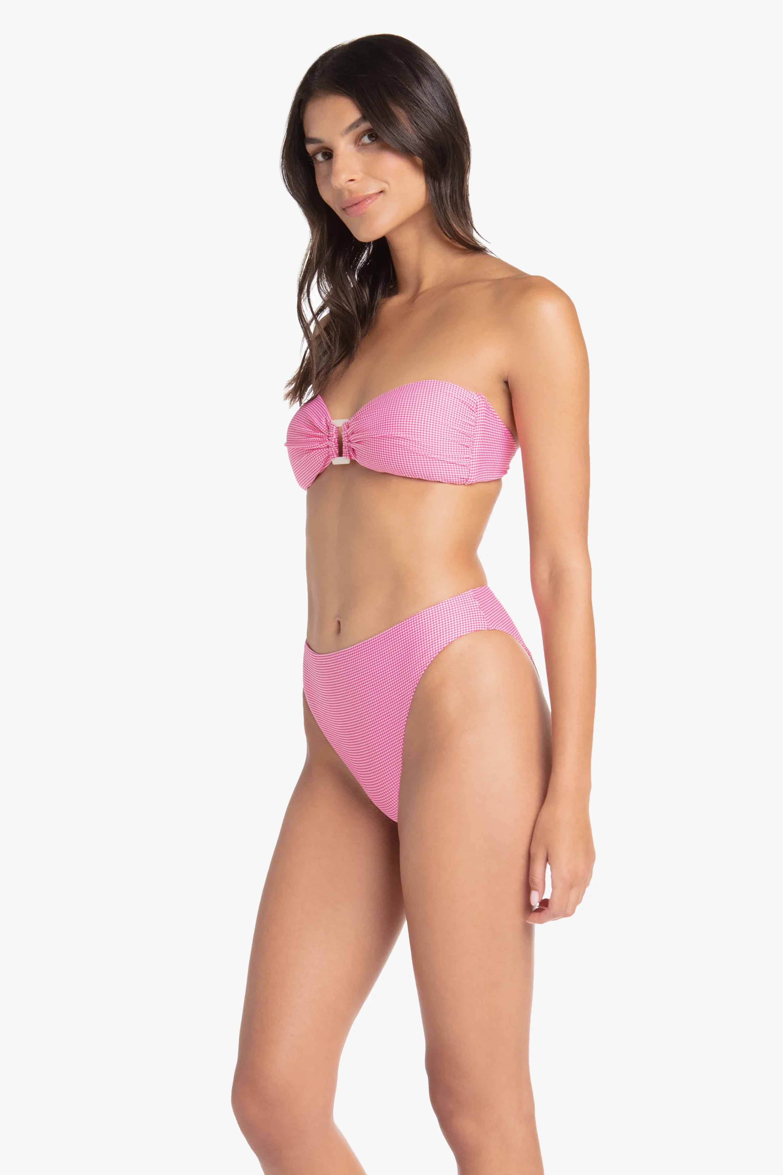 Pink Gingham Hook Back Shell Bandeau Top - Stylish Summer Beachwear for Women | Perfect for Vacations, Pool Parties, and Casual Outings
