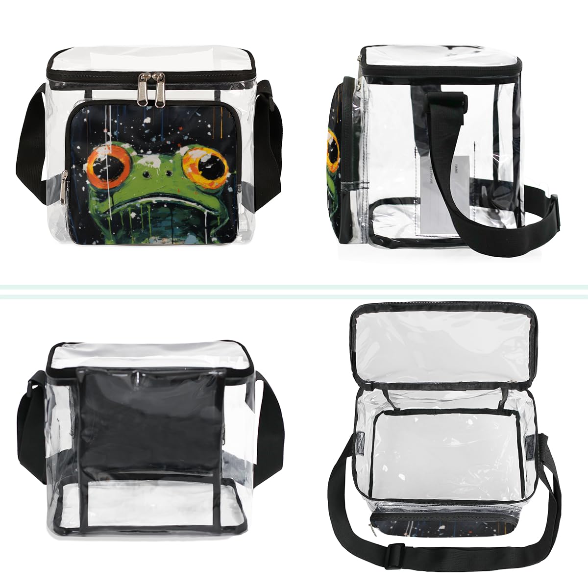 Big-Eyed Frog Clear Tote Bag with Handles - Green Transparent Crossbody Shoulder Bag for Lunch, Outdoor, Travel, Picnic, Concerts & Sports Events | Stadium Approved Multi-Purpose Bag for Women & Teens | Perfect for Beach, School, Shopping & Festivals