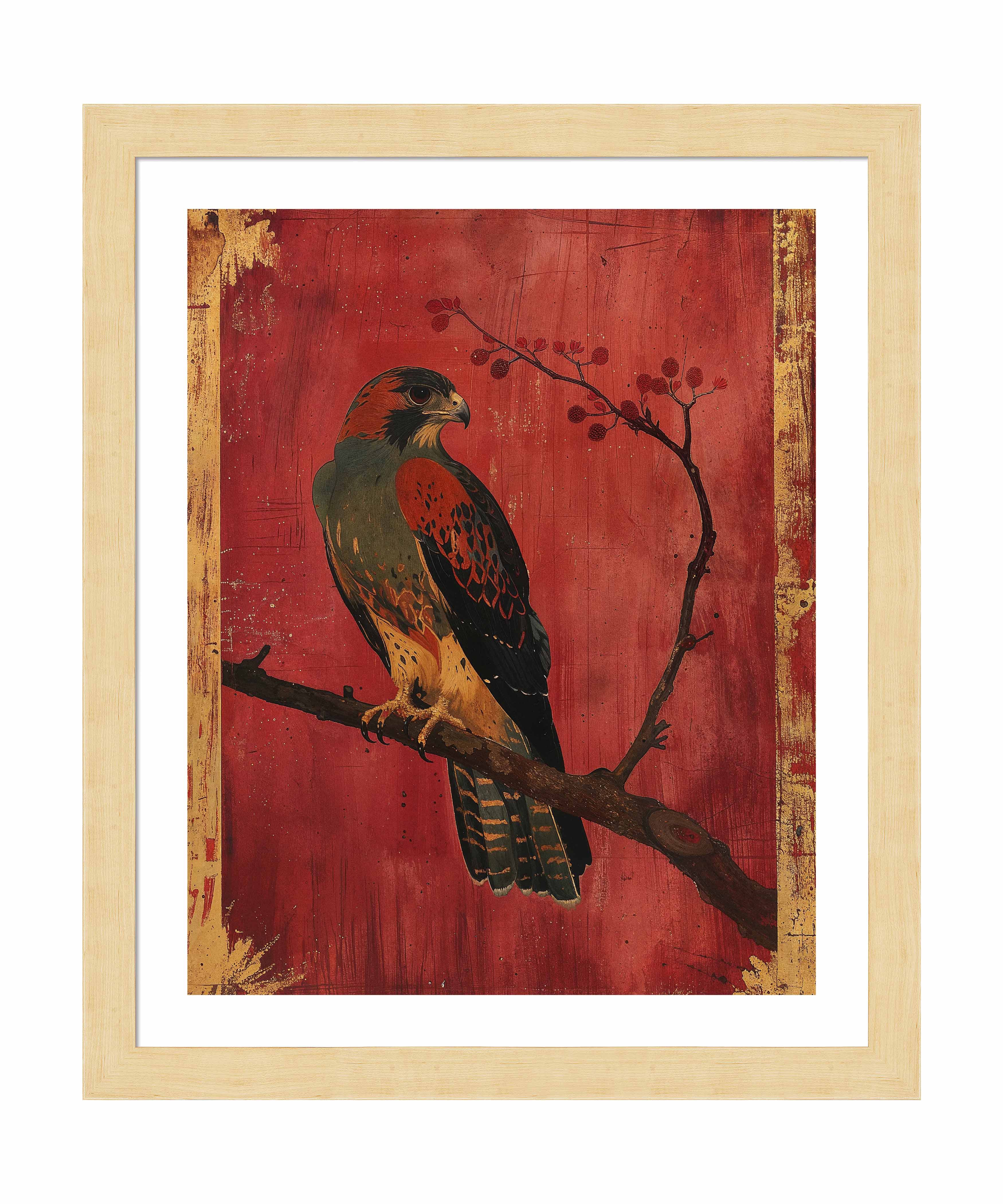 Crimson Majesty Falcon of the Silk Road Art Prints - Elegant Wall Decor for Living Room, Bedroom & Office | Historical Silk Road Inspired Artwork