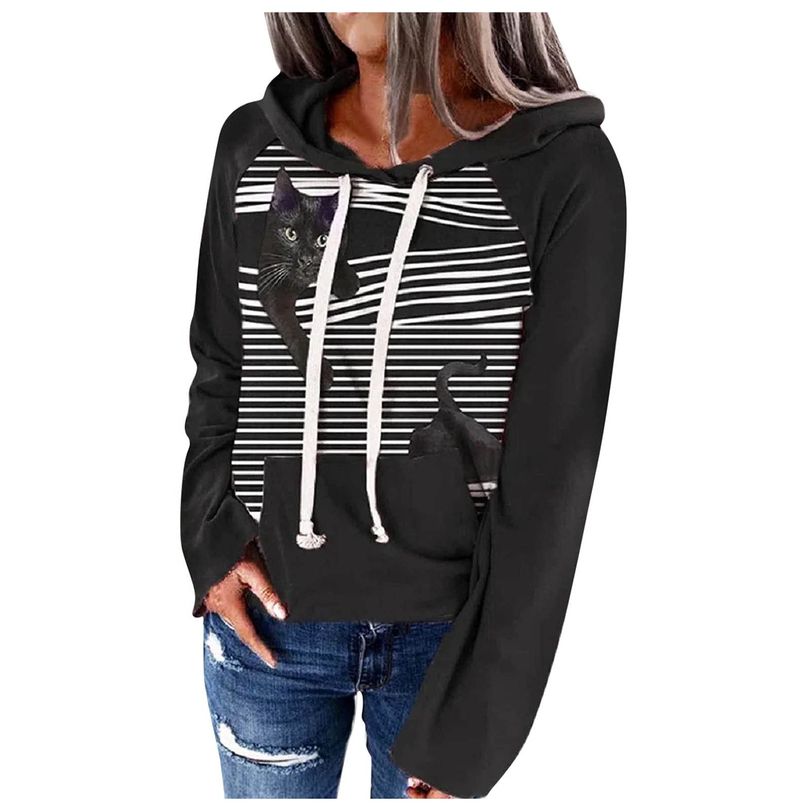 Women's Loose Hoodie Sweater with Raglan Sleeves, Pocket & Cat Print Design - Cozy Long Sleeve Pullover for Casual Wear, Street Style & Lounge Outfits