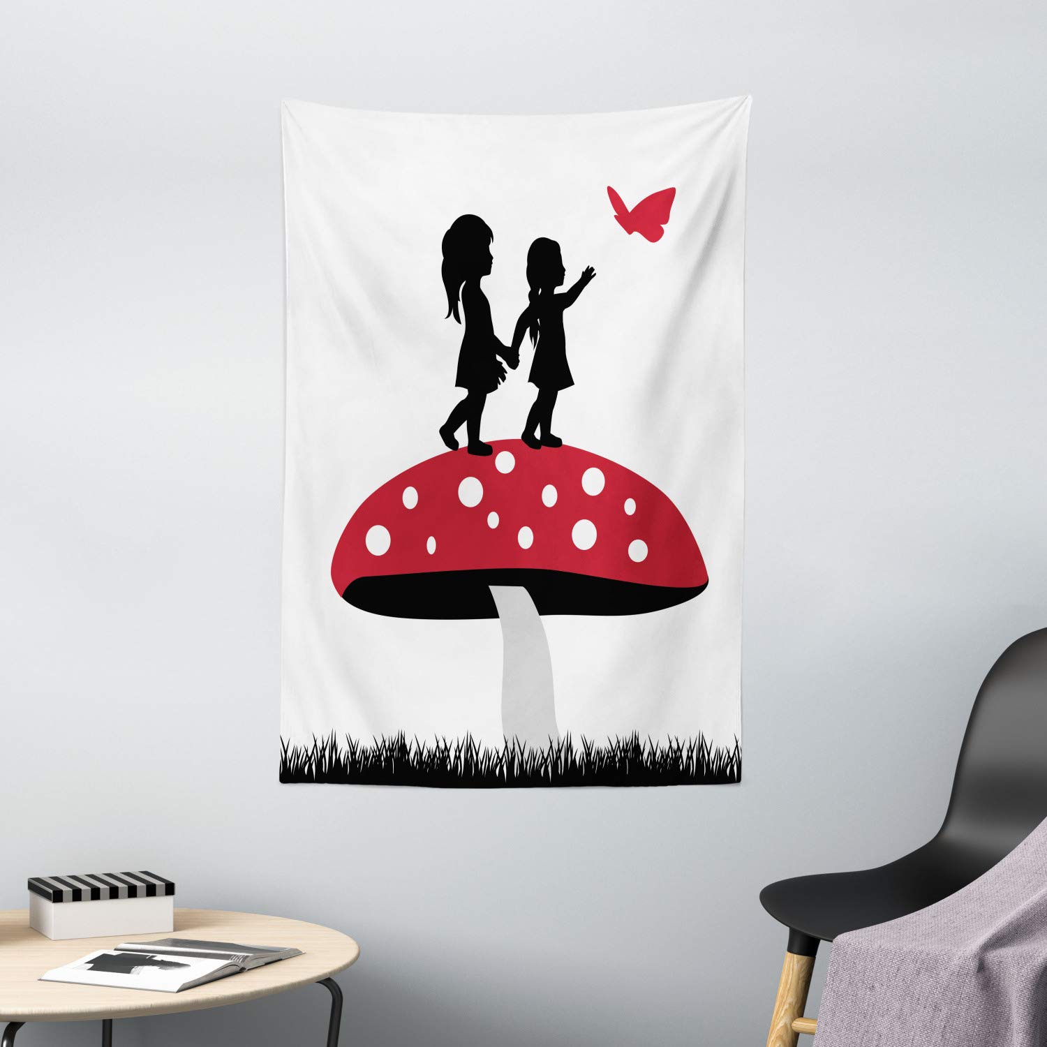 Ambesonne Mushroom Tapestry Wall Art - 40x60 Inch Grey Vermilion Fairy Tale Decor with Silhouette of 2 Girls on Toadstool | Perfect for Bedroom, Living Room, Dorm & Nursery Wall Hanging | Boho Home Decor Gift for Women & Teens