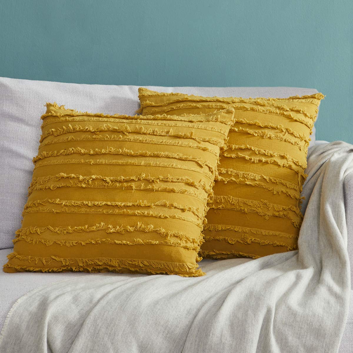 GIGIZAZA 16x16 Inch Mustard Yellow Boho Decorative Throw Pillow Covers - Cotton Square Couch Cushion Covers for Living Room, Bedroom & Sofa Decor