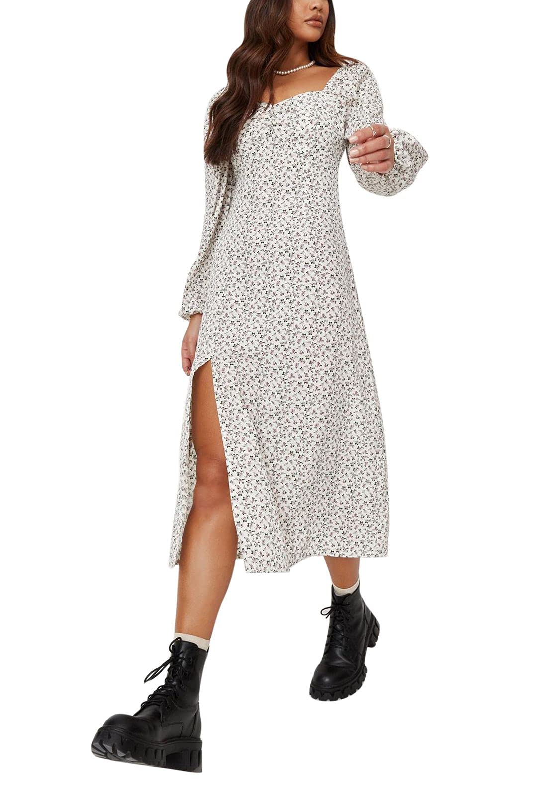 AOHITE Women's Floral Print Fit and Flare Dress - Long Sleeve Flowy Party Dress with Slit - Elegant Cocktail, Wedding Guest & Holiday Party Dress for Women