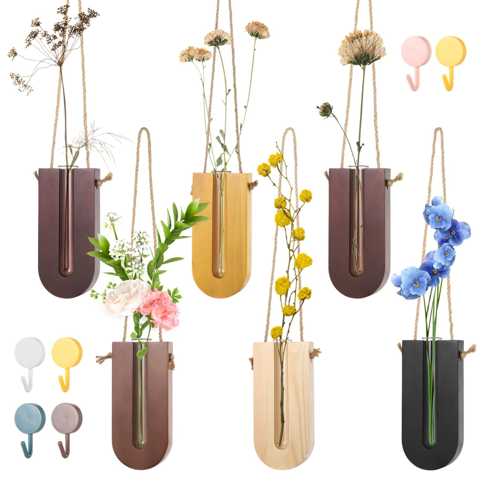 6 PCS Wooden Wall Planters with Glass Tubes - Indoor Hanging Flower Vases, Modern Wood Holder Wall Decor for Home, Office, Cafe - Perfect for Small Spaces, Kitchen Herbs & Living Room Greenery