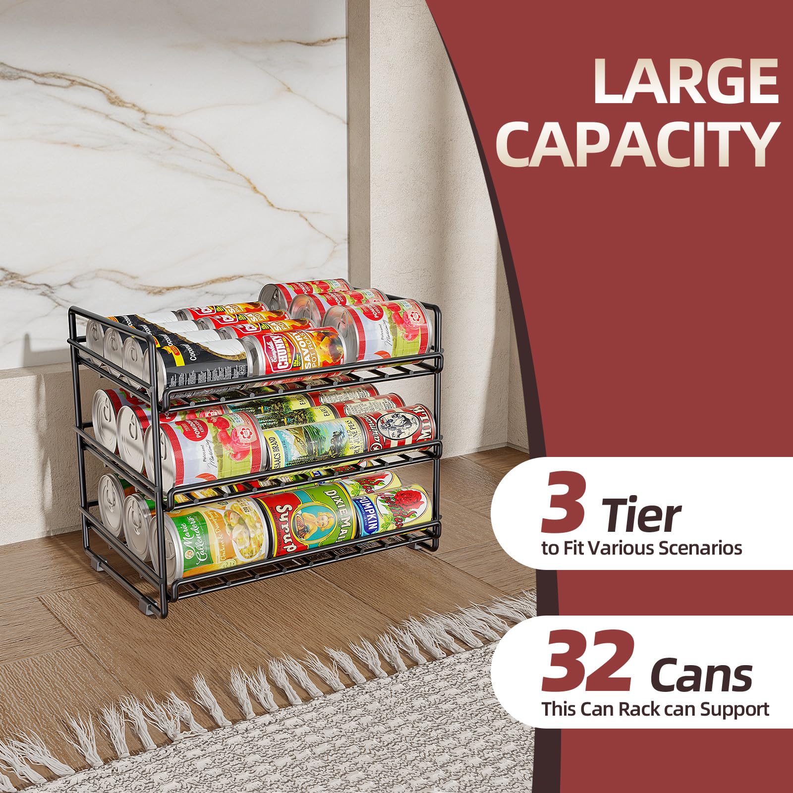 SUFAUY 3-Tier Can Organizer - Space-Saving Kitchen Pantry Storage Rack for Canned Food | Holds 36 Cans | Cabinet & Countertop Organization | Perfect for Small Kitchens & Pantries (Black)