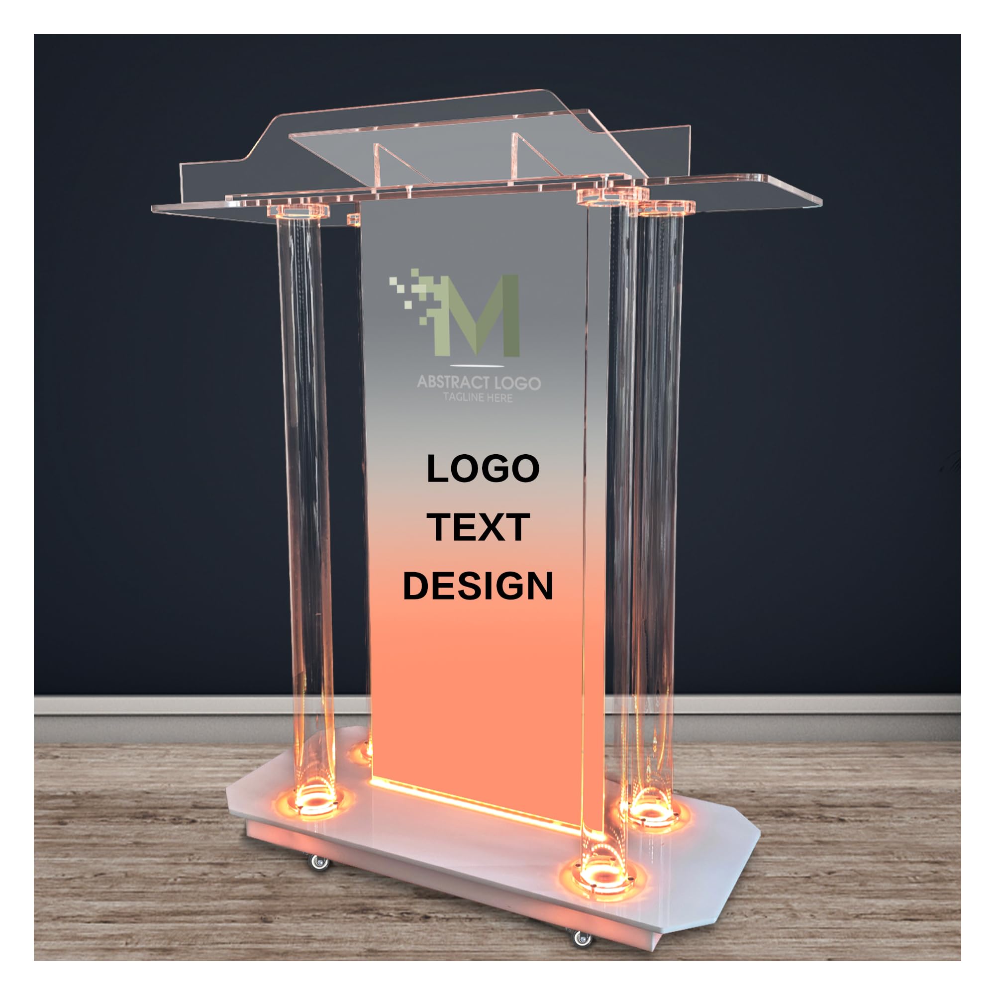 Custom Acrylic Podium Stand with LED Lights & Wheels - Personalized Church Pulpit with Engraved Logo - Portable Lectern for Office, Classroom & Events - Perfect for Sermons, Presentations & Public Speaking