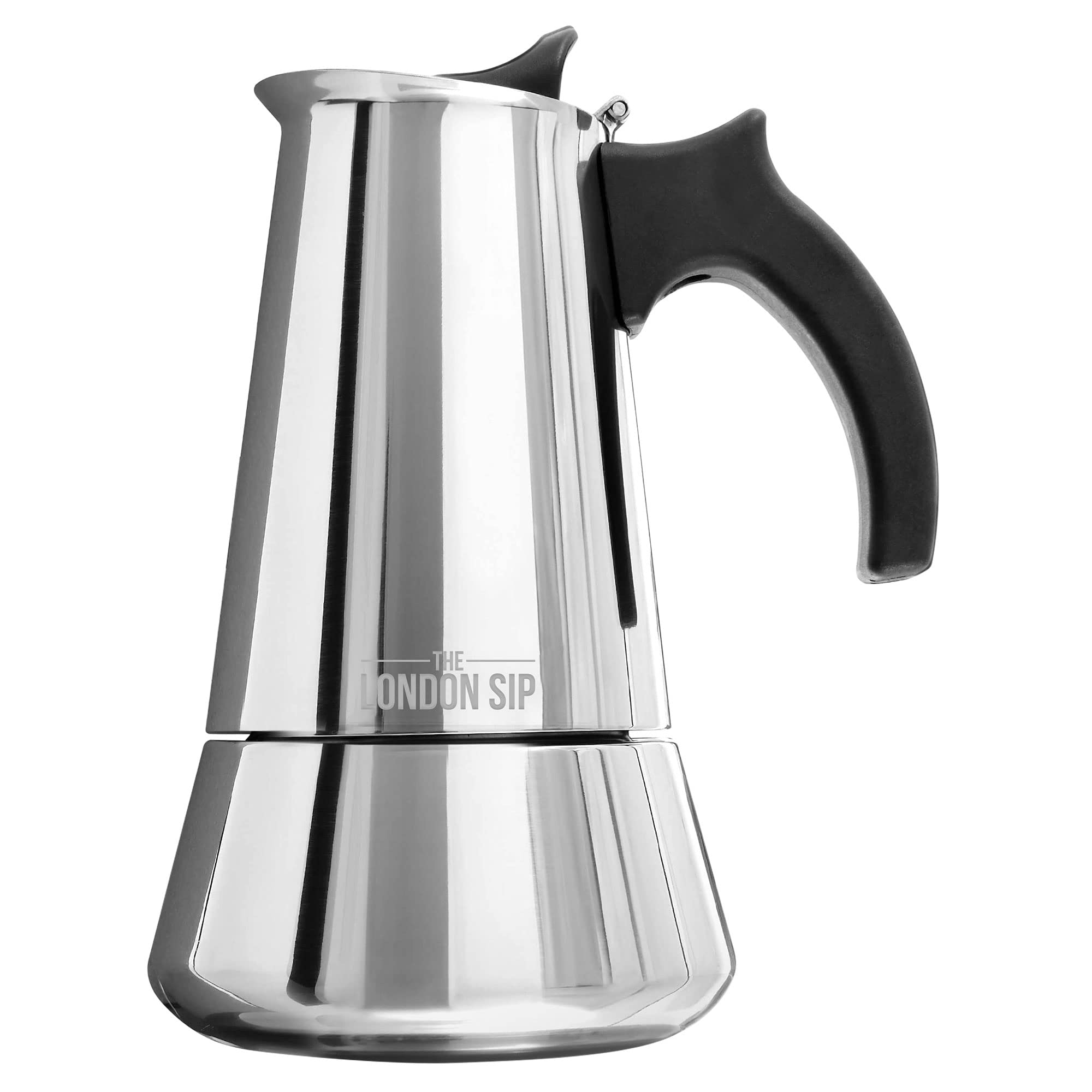 London Sip Premium Stainless Steel Stovetop Espresso Maker - 10 Cup Italian Moka Coffee Pot Percolator - Silver - Perfect for Home, Office & Camping Coffee Brewing