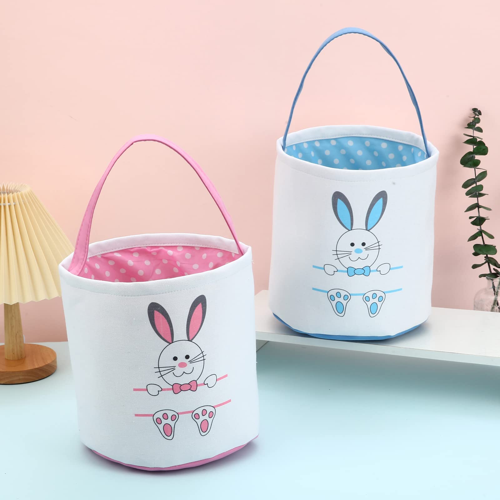 Personalized Easter Bunny Basket Bags for Kids - Cotton Canvas Easter Egg Hunt Bags with Cute Rabbit Print - Perfect for Easter Egg Hunts, Candy Collection & Gift Giving (Blue)