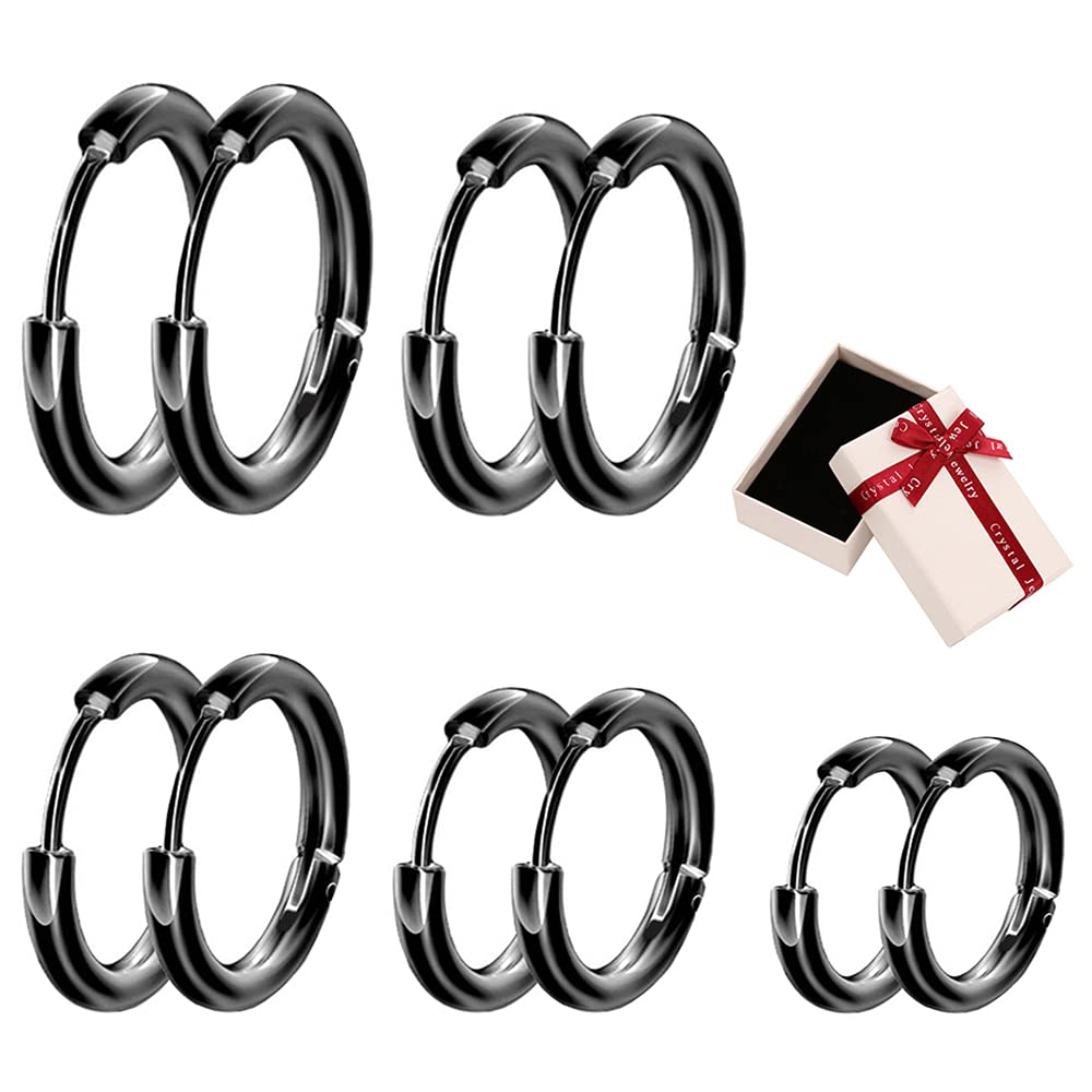 Xihuimay 5 Pairs Titanium Steel Hoop Earrings - 16mm Round Wire Huggie Leverback Earrings for Women & Men (Black) | Cartilage, Tragus & Everyday Wear