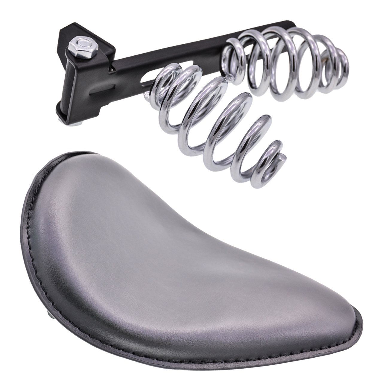 Universal Black Leather Motorcycle Solo Seat Cushion with Spring Mounting Bracket Kit - Compatible with Harley, Kawasaki, Sportster, Cruiser, Chopper, Honda & Yamaha - Perfect for Long Rides and Custom Bike Builds