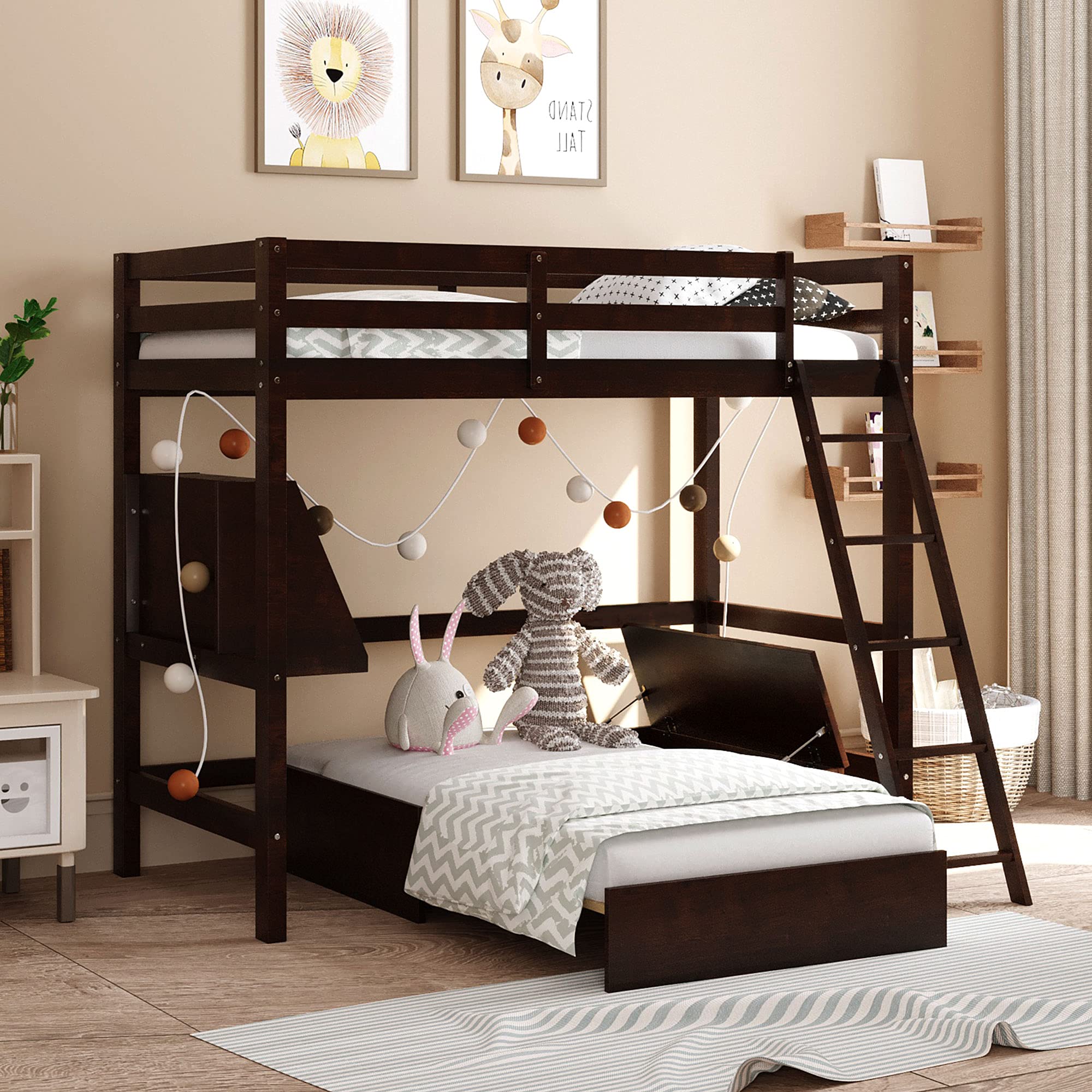 Twin Size Loft Bed with Convertible Lower Bed, Storage Drawer & Shelf - Wooden L-Shaped Bunk Bed Separates into Loft Bed or Platform Bed (Espresso Finish) - Perfect for Kids' Rooms, Small Apartments & Space-Saving Bedroom Solutions