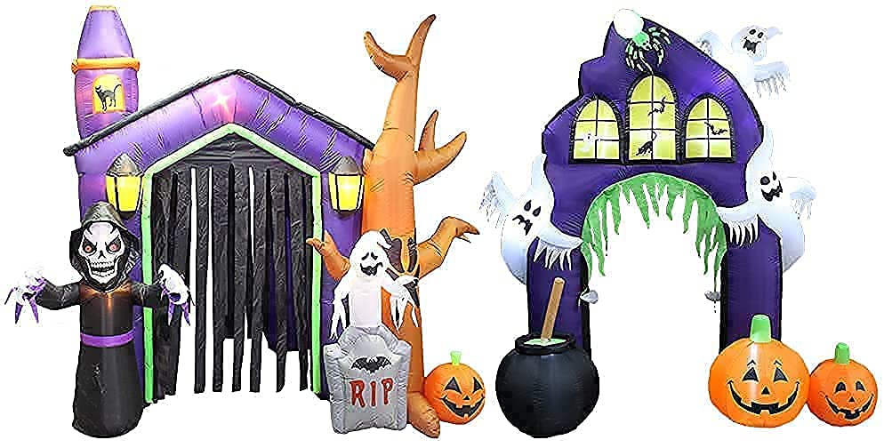 Halloween Party Decorations Bundle - 8.5ft Inflatable Haunted House Castle with Skeleton & Ghost + 9ft Inflatable Castle Archway with Pumpkins, Spider & Cauldron - Perfect for Outdoor Yard Decor, Spooky Party Setup & Trick-or-Treat Displays