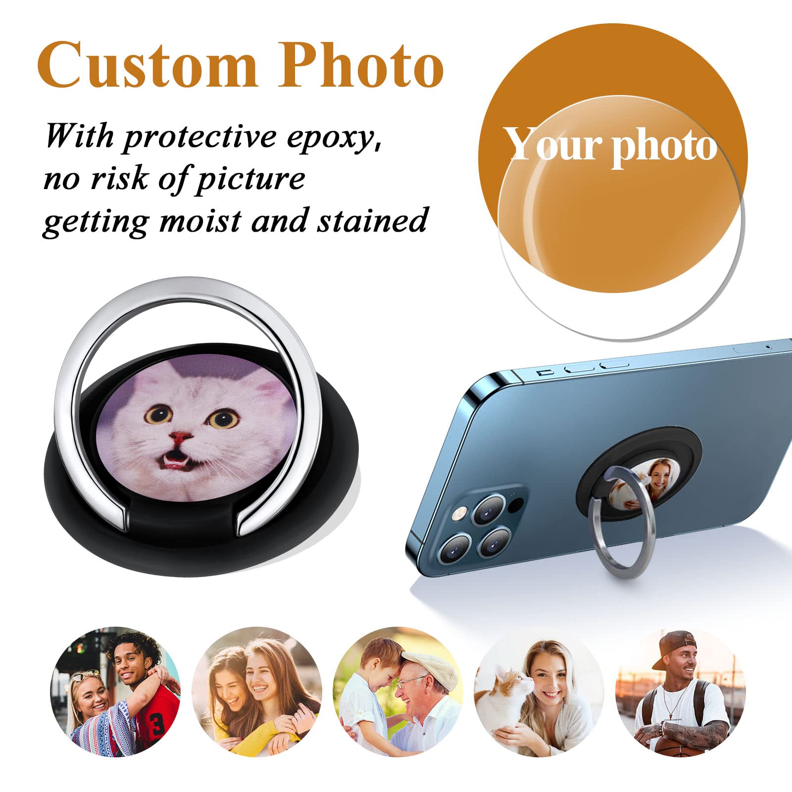 Custom Photo Ring Holder for Cell Phone - Strong Adhesive Grip, 360° Rotation Kickstand - Compatible with All Smartphone Cases (Perfect for Selfies, Video Calls & Hands-Free Viewing)
