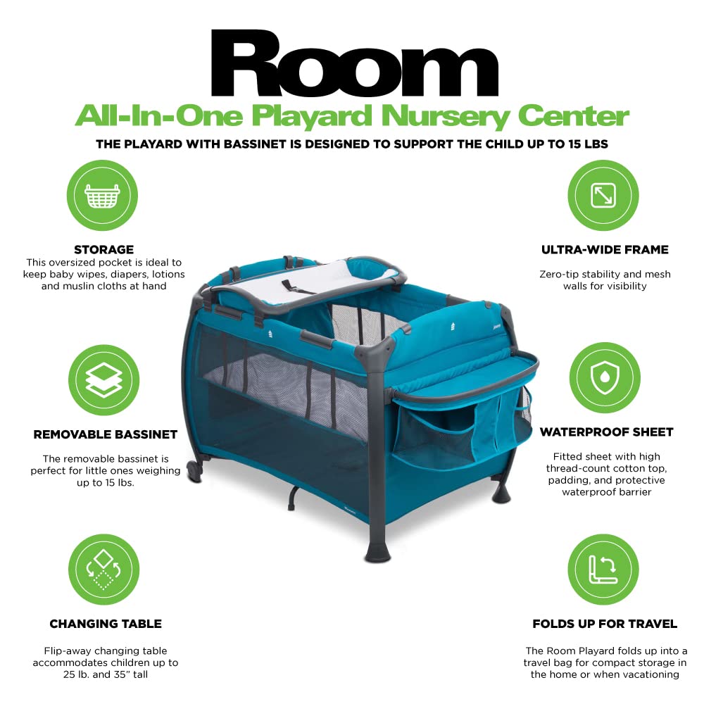 Joovy Room-Playard - Portable Baby Playpen with Bassinet, Changing Table & Nursery Center | Safe Play Yard for Infants & Toddlers | Ideal for Home, Travel & Daycare (Turquoise)