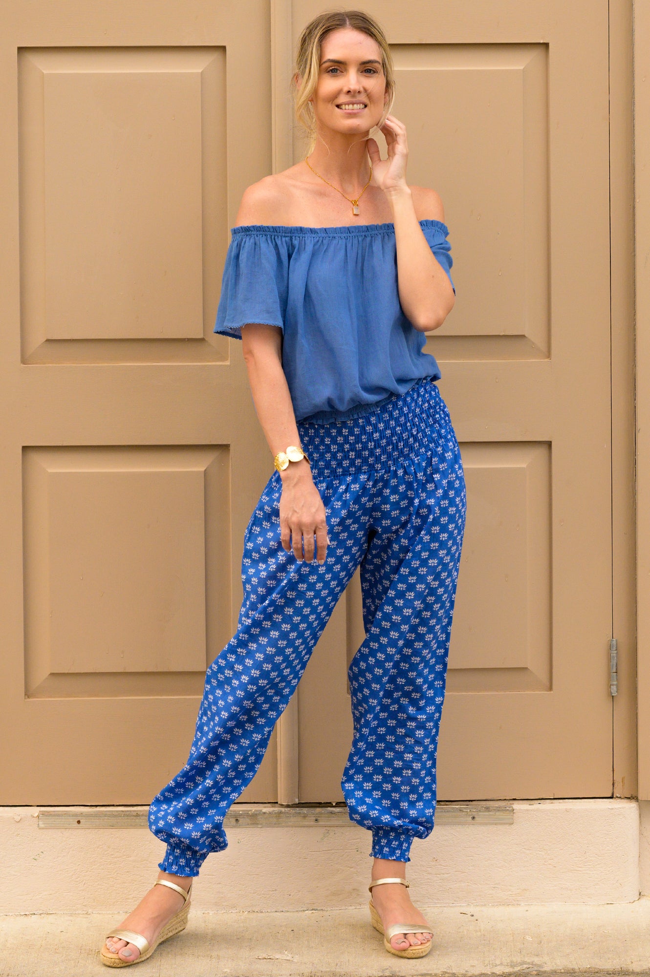 Organic Cotton Harem Pants for Women - Soft & Comfortable Blue/White Loose Fit Trousers - Perfect for Yoga, Lounge and Casual Wear