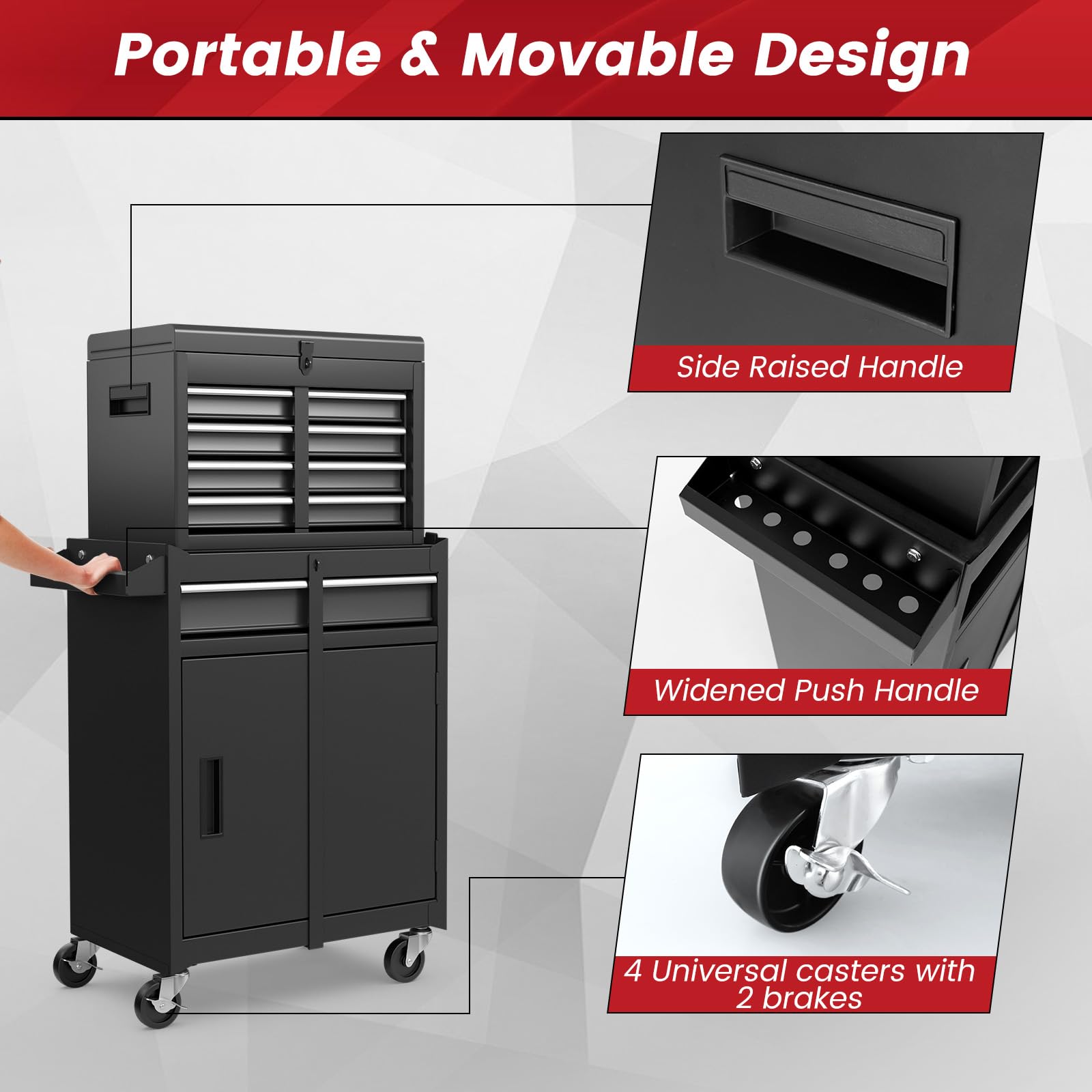 ERGOMASTER Heavy Duty 5-Drawer Rolling Tool Chest with Lockable Cabinet - Black | Durable Garage & Workshop Tool Storage for Mechanics & DIY Projects