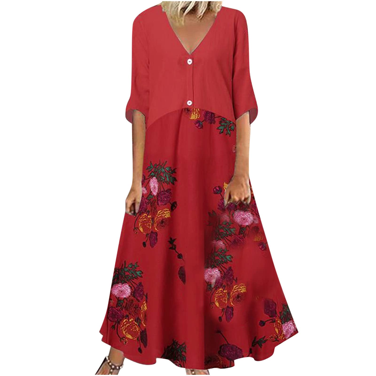 YZHM Women's Maxi Dress - Half Sleeve V-Neck Flowy Summer Dress with Trendy Print, Loose Pleated Casual T-Shirt Dress for Beach, Vacation & Everyday Wear